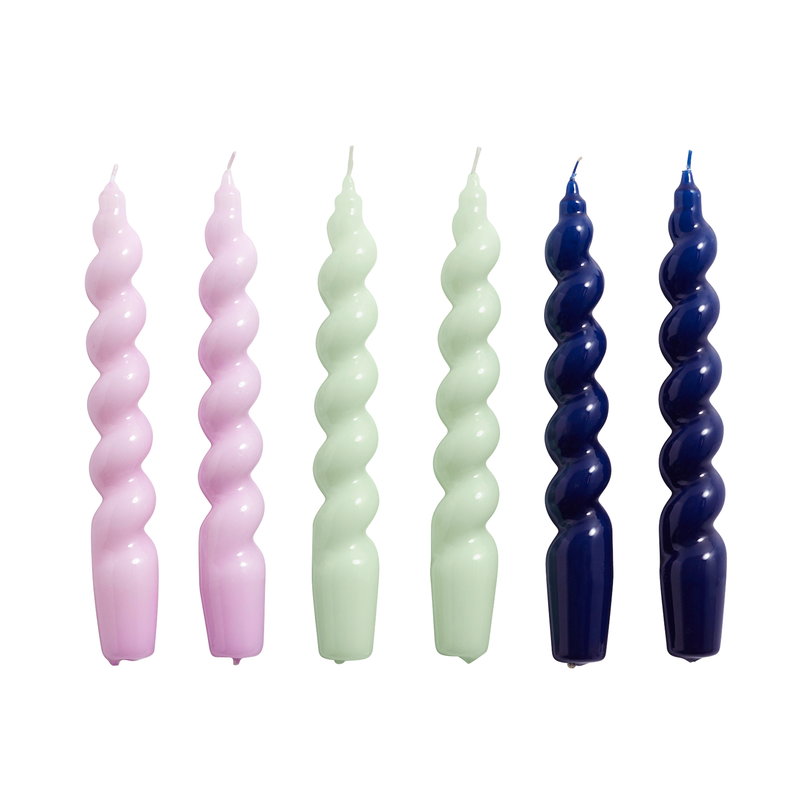 Spiral candles, set of 6, lilac – midnight blue- mint