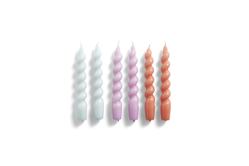 Spiral candles, set of 6, Lilac-Ice Blue- Apricot