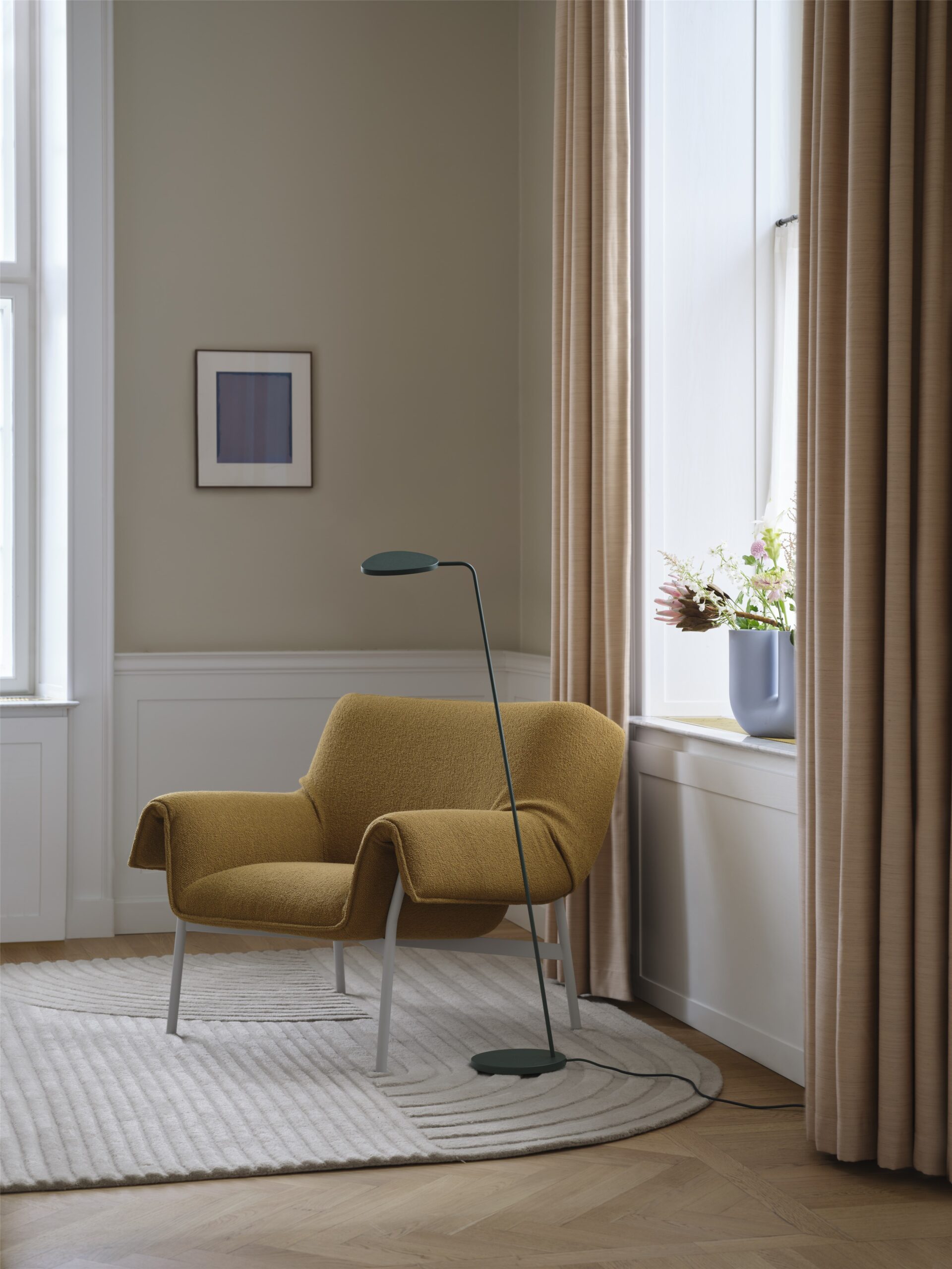 Wrap Lounge Chair, Relevo Rug 170 x 240cm, Leaf floor lamp. As seen