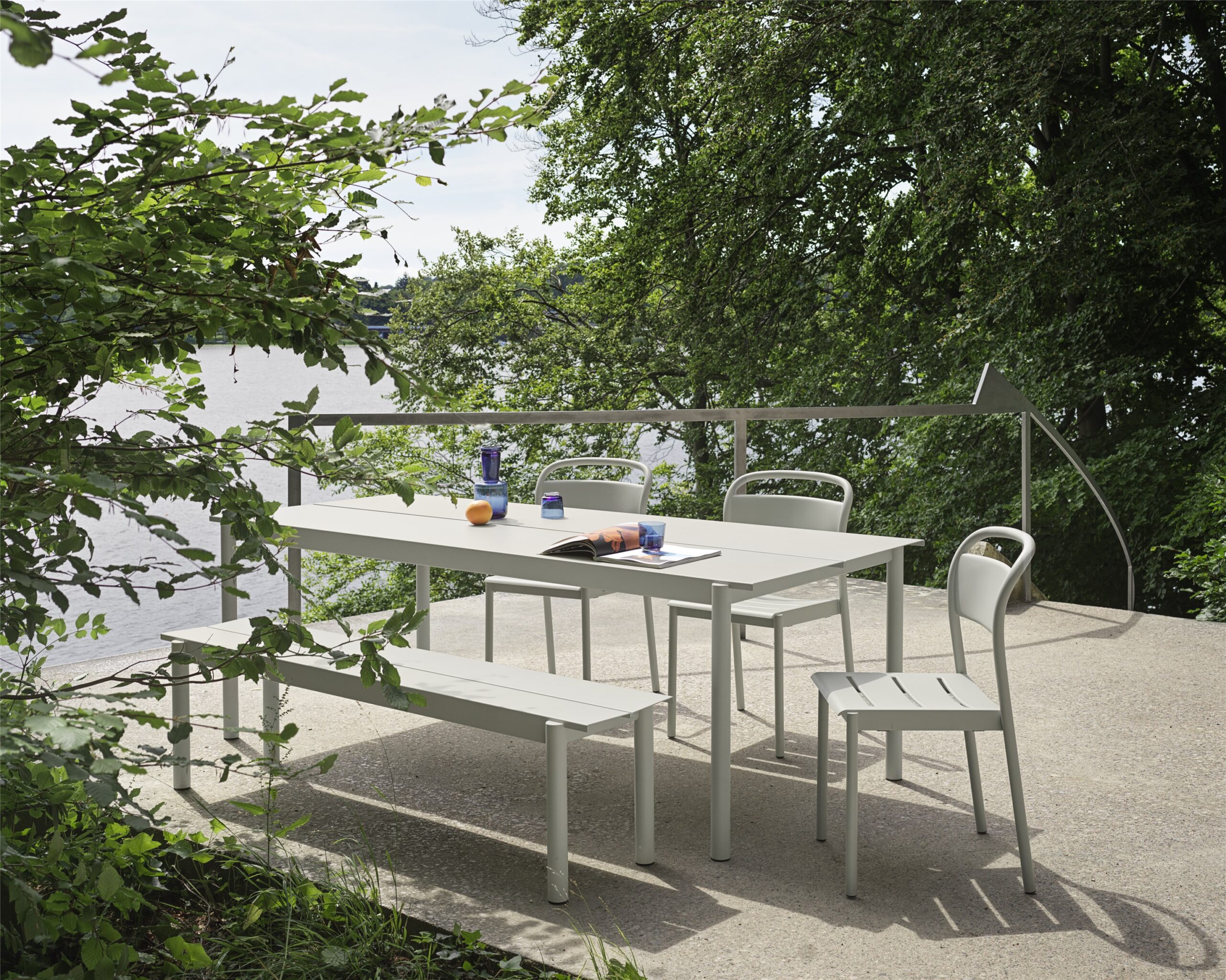 Linear Steel Table 220 x 90cm plus 4 Chairs, and Bench